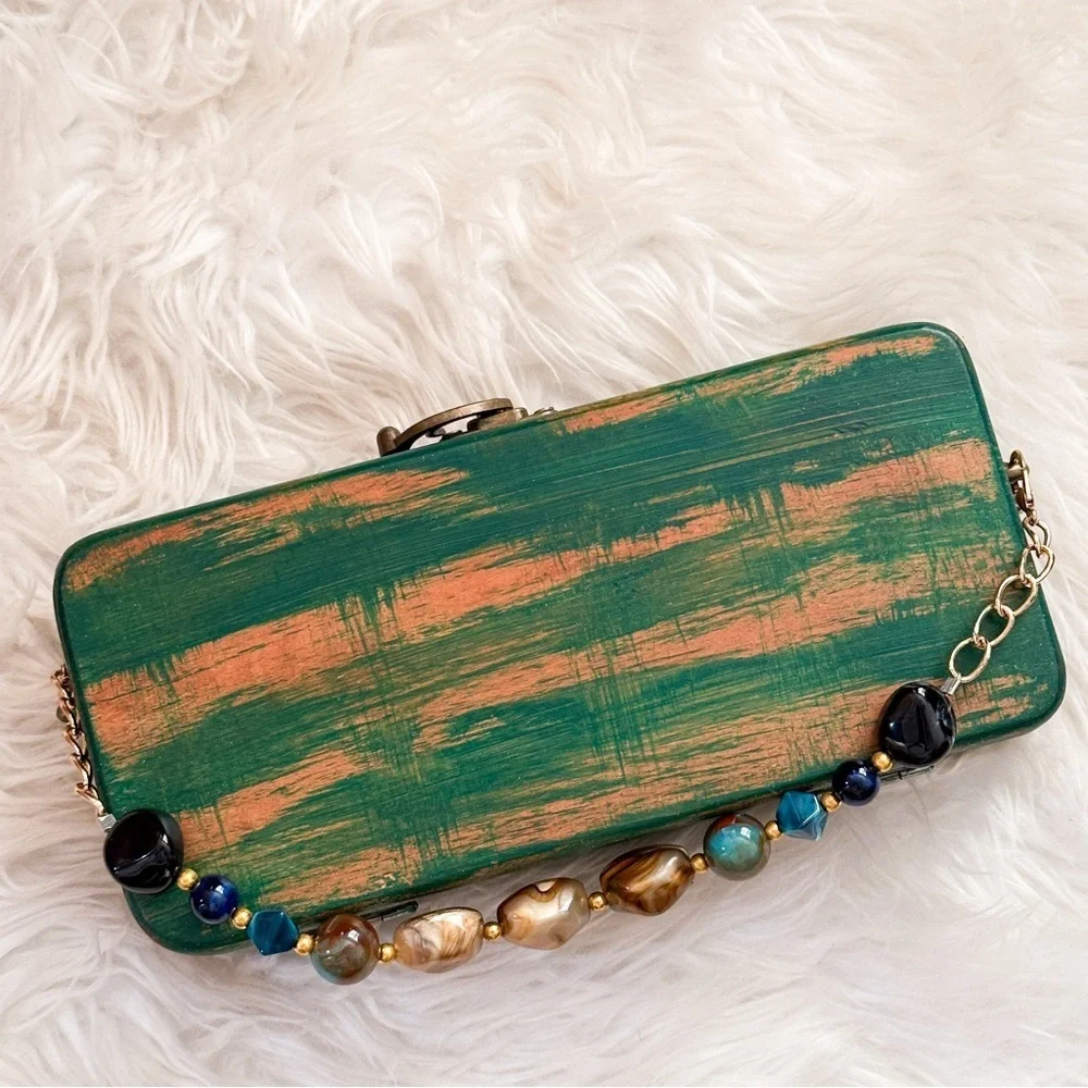 Unique Handcrafted Green and Purple Wooden Clutch